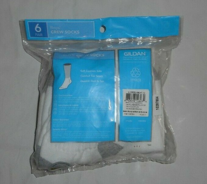 Gildan Boys Size 10-2.5  Crew Socks 6 Pair  Soft Cushion Brand New In Package