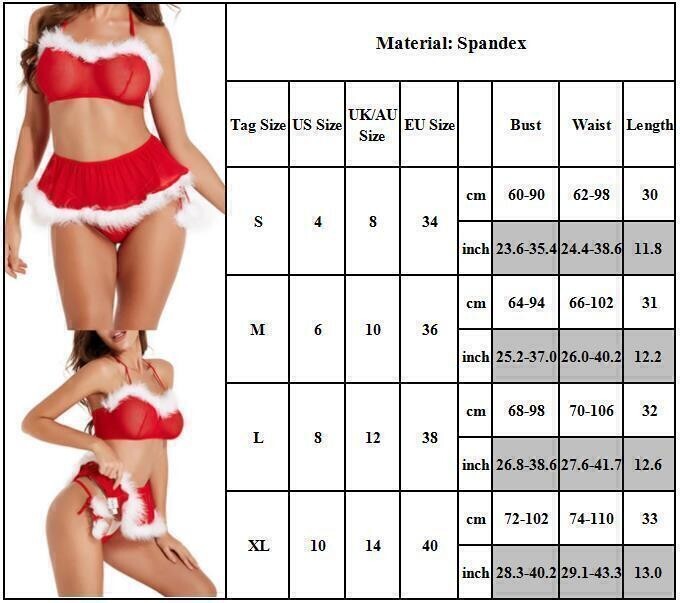 Christmas Red Sexy Lingerie Nightwear Outfits Bra Thong Mini Skirt Co-ord - Picture 6 of 12