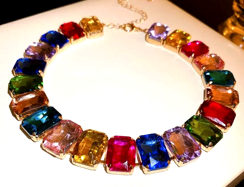 Stunning Square JEWELS Rainbow COLORFUL Betsey Johnson Statement Necklace