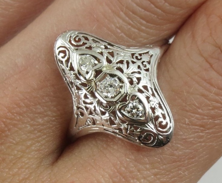 .23 ctw Diamond Filigree Hearts 14k White Gold Navette Ring