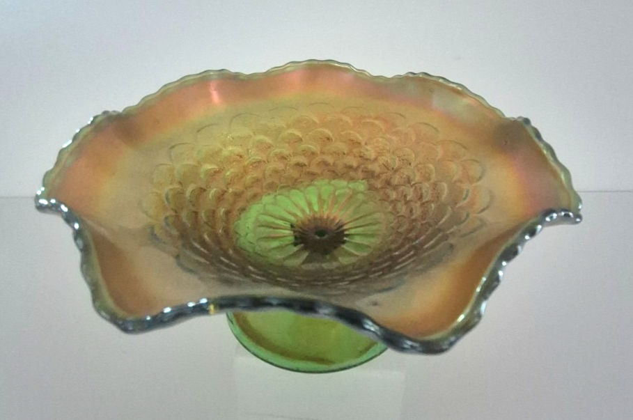Vintage Carnival Glass Pedestal Bowl Marigold Ruffled Edge 8