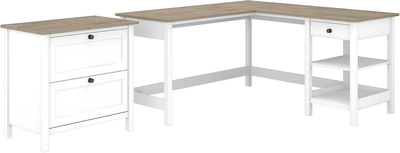 Bush Furniture Mayfield 60W L Shaped Computer Desk with 2 Drawer Lateral File Cabinet in Pure White and Shiplap Gray