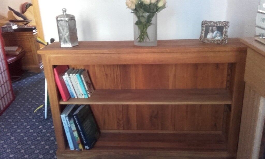 beautiful solid oak long low bookcase, all wood no plastic