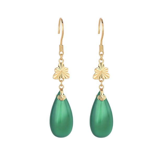 Jade Drop Dangle Earrings Flower Gemstone Boho Minimalist Hook 18K Gold Plated