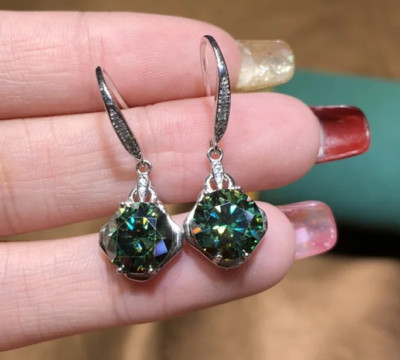 6CT Brilliant Cut Blue Green Moissanite Hoop Drop Earrings 24K White Gold plated