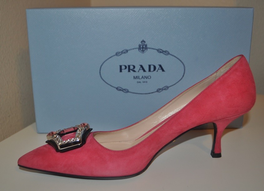 Pre-owned Prada $950+  Crystal Brooch Pointy Toe Pump 65 Heel Shoe Pink Suede 38.5 - 8