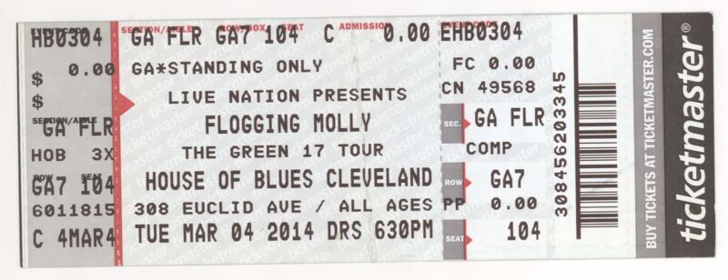 Flogging Molly 3/4/14 Cleveland OH House of Blues Rare Ticket! HoB