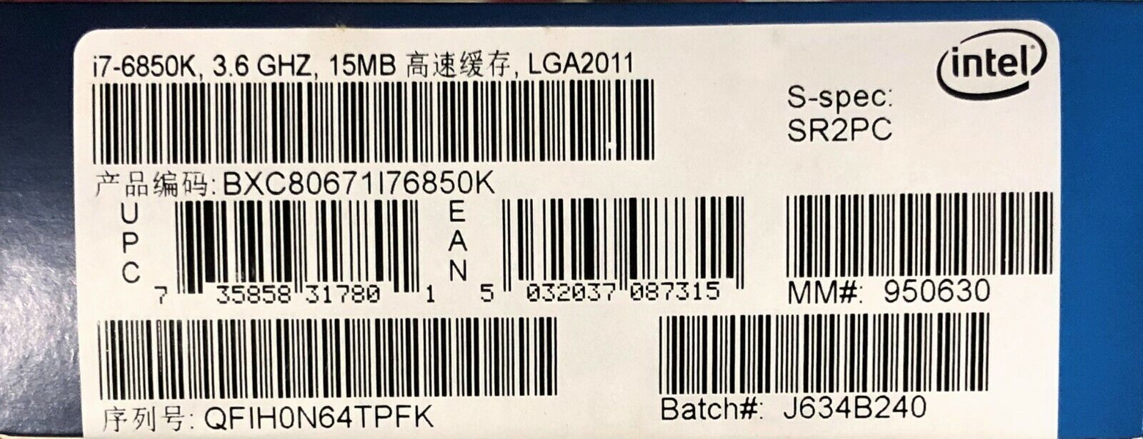 Intel BXC80671I76850K SR2PC Core i7-6850K 15M Cache, 3.80 Intel BXC80671I76850K SR2PC Core i7-6850K 15M Cache, 3.80