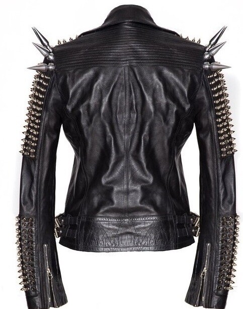 Pre-owned Handmade Men Silver Studded Jacket Black Punk Silver Long Spiked Leather Solid Heavy Stud