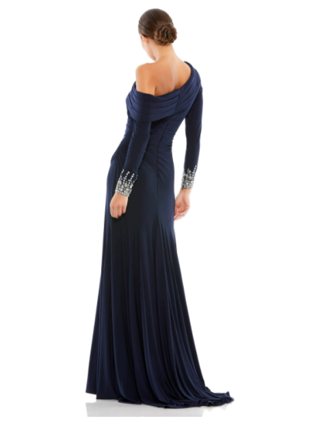 Pre-owned Mac Duggal ?  12231m Midnight Off The Shoulder Asymmetric Jersey Beaded Gown 14