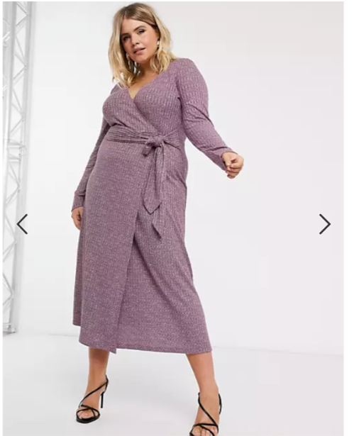 

Меленжевое платье миди в рубчик с длинными рукавами и поясом ASOS DESIGN Curve  2X, Фиолетовый