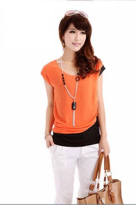 Round neck color block summer chiffon top short sleeve chiffon shirt women's  