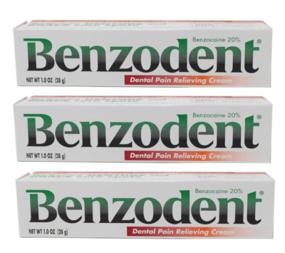 Benzodent Dental Pain Relieving Cream For Dentures and Braces 1 Ounce Pack of 3