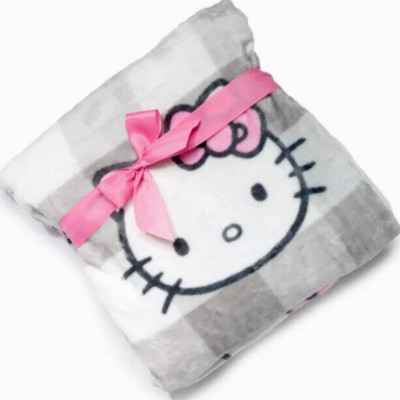 Hello Kitty Throw Gray Gingham Plaid Pink Bow Sanrio 50x70 Plush Blanket NEW