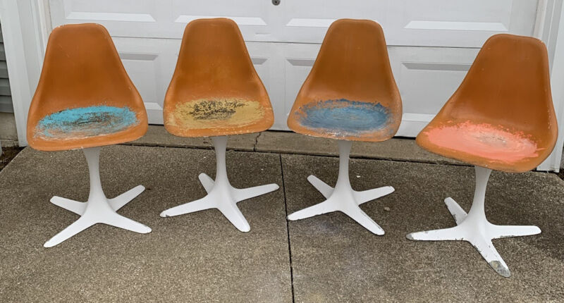 Burke Tulip Mid Century Chairs Set Of Four (4), “AS IS” For Refinishing Or Parts