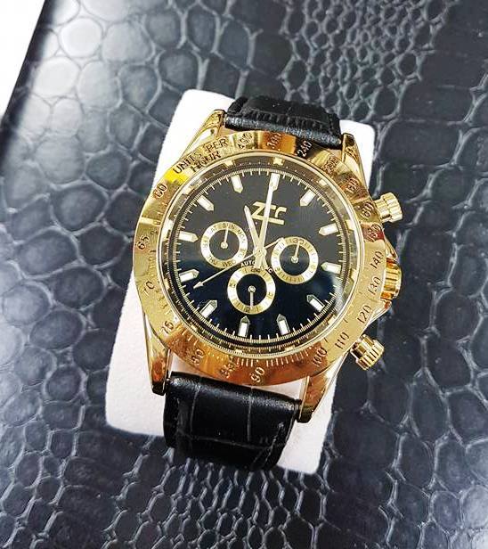 Orologio Polso Zcc Uomo Automatico Cinturino Pelle Elegante Oro Nero lac