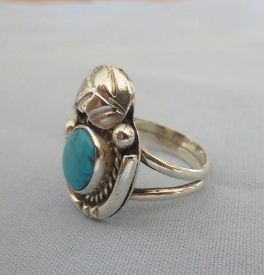 Southwestern Turquoise Stone Ring, Unmarked Silver, Signed LS, Size 6