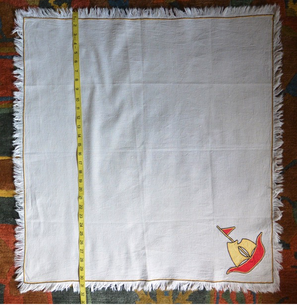 Vtg Small NAUTICAL Linen Sailboat Tablecloth Red & Yellow Sailing 30” Square EUC