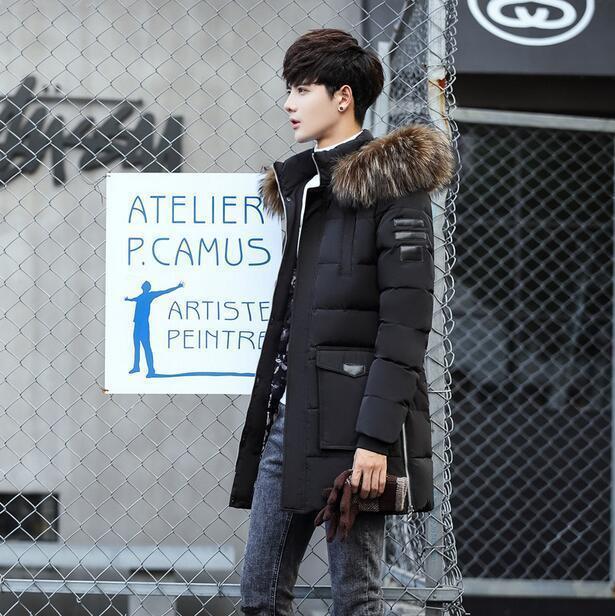 Mens Hooded Fur Collar Parka Jacket Slim Fit Mid Long