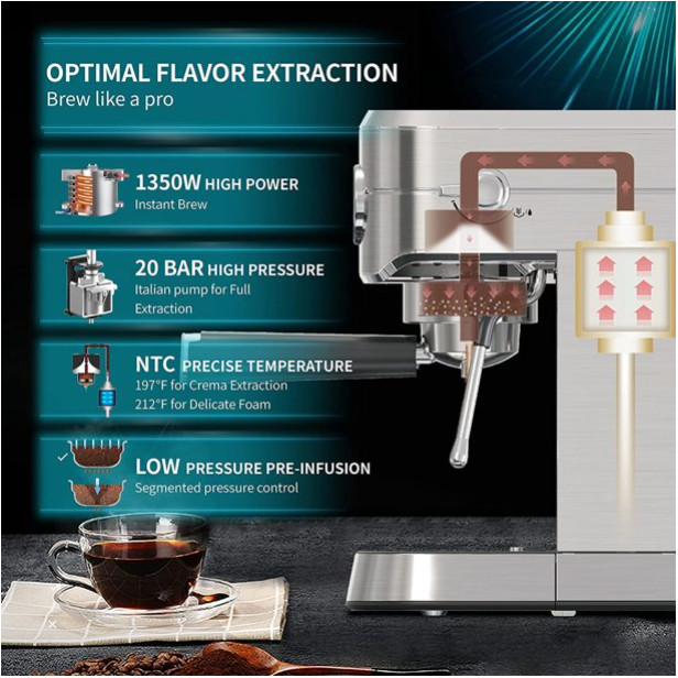 Silver 20 Bar Professional Espresso Machine, Stainless Steel, Coffee Maker