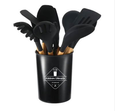 12Pcs Kitchen Silicone Utensils Set-Non Stick Cooking Utensils Wooden handle US