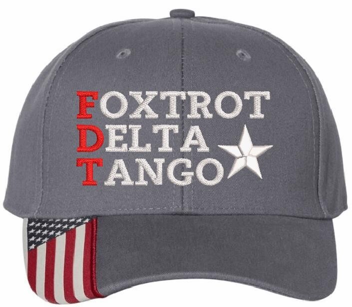 Foxtrot Tango Delta Hat Embroidered Donald Trump Hat GRAY Adjustable hat w/Flag