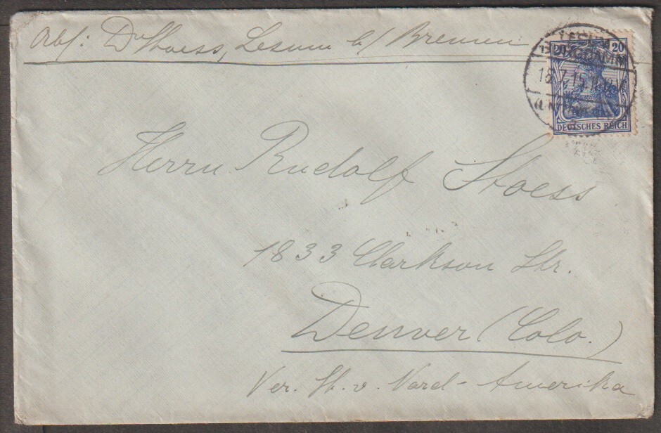Germany 1915 20c blue on cover to Denver (lala)
