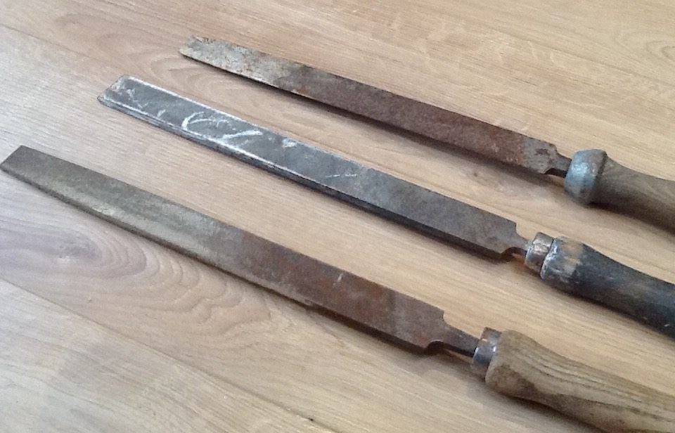 3 VINTAGE LONG WOODEN HANDLE HAND FILES, GREAT DISPLAY OR UPCYCLE in
