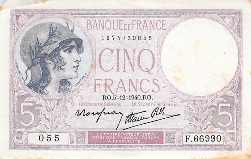 5 Francs Violet 05-12-1940 - SÃ©Rie K.66990 - Psup