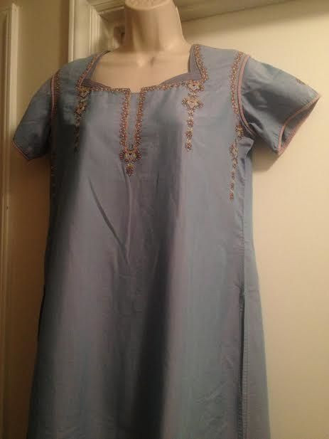 2pc Vintage Embroidered Iridescent Kurta Indian Hippie Ethnic Dress Pant Set J23