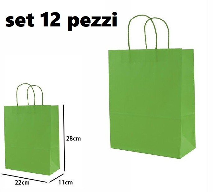 Set 12 Pezzi Buste Borsa Da Regalo Sacchetti Carta Verde 28x22x11cm dfh