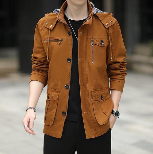 Men's Casual Work Jacket Stand Collar Hooded Zipper multi-pocket