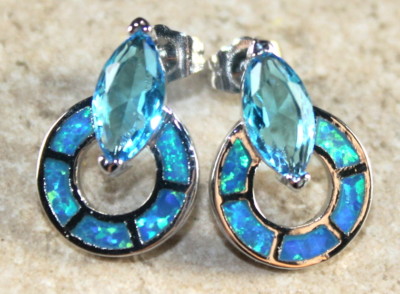 SILVER Elegant Blue Fire Opal & Sky Blue Topaz Round Stud Earrings WE40402