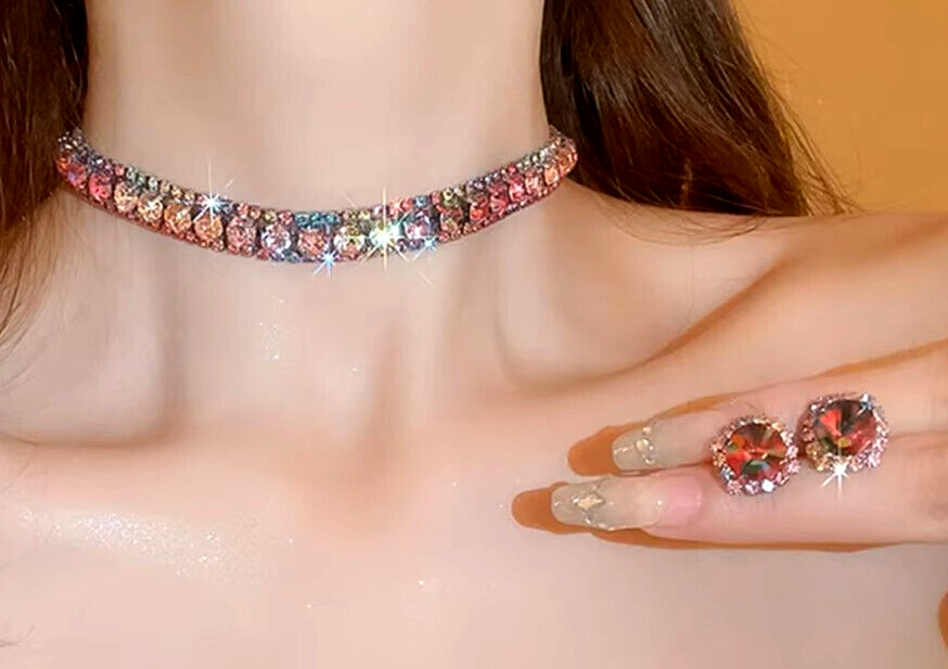 Colorful Pink RHINESTONE Choker Betsey Johnson Statement Necklace Earrings SET