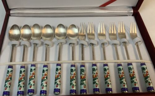 Korean Silver Enamel Spoons Forks Set in Box, Six of Each