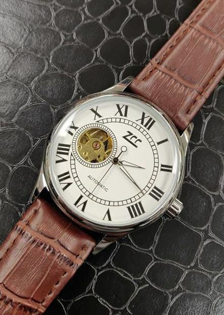 Orologio Polso Zcc Z805 Uomo Analogico Automatico Elegante Marrone Silver lac