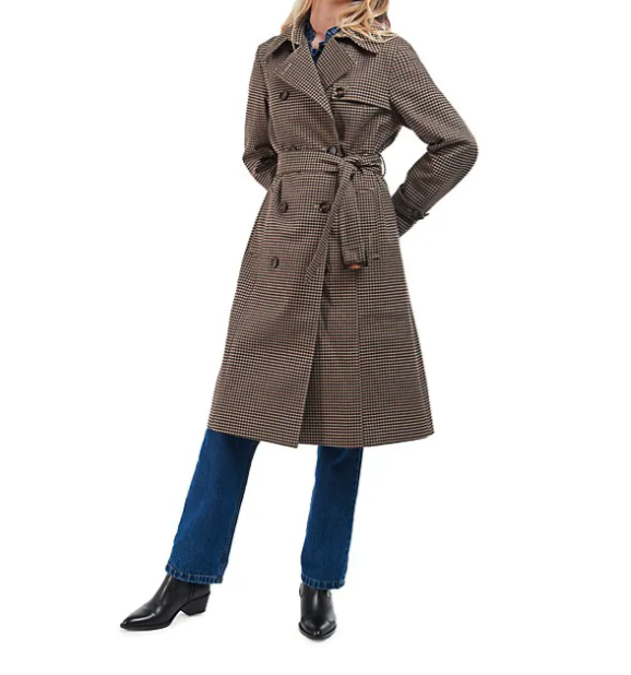 Pre-owned Barbour Greta Houndstooth Double-breasted Showerproof Trench / Pea Coat Msrp$480 In Trench Houndstooth