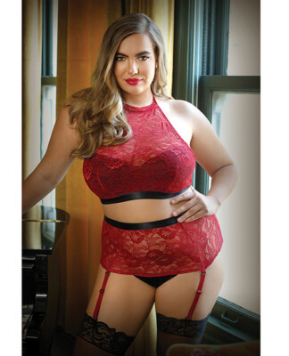 CURVE ARIA HALTER TOP HIGH WAIST GARTERED PANTY SET RED