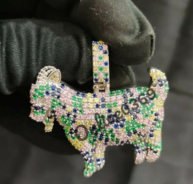 Pre-owned Online0369 Mens 2.5ct Rd Multi Color Cubic Zirconia Goat Charm Pendant Silver Free Stud