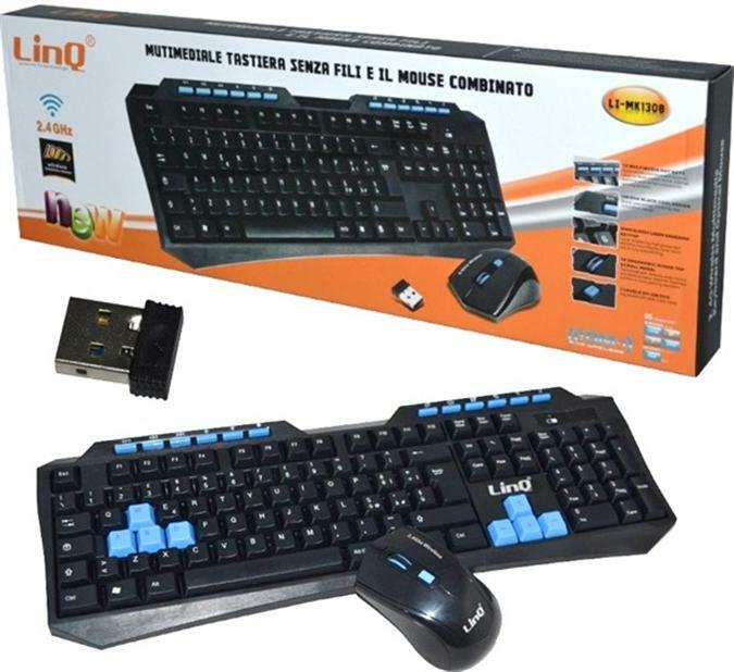 Tastiera + Mouse Wireless Senza Fili wifi multimediale tasti blu LI-MK1308 Linq