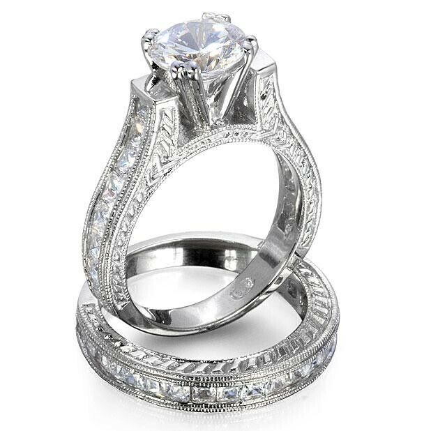 Princess White Cz 925 Sterling Silver Wedding Band Engagement Ring Set Size 5