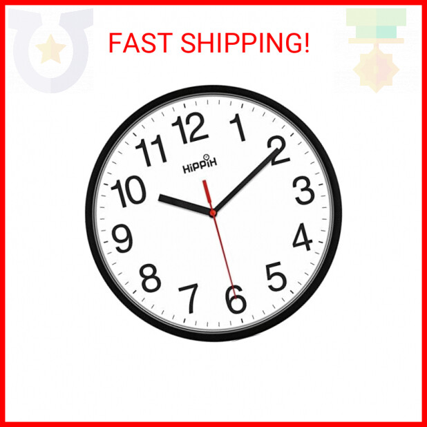 HIPPIH Clock Black Wall Clock Silent Non Ticking Quality Quartz - 10 Inch Round
