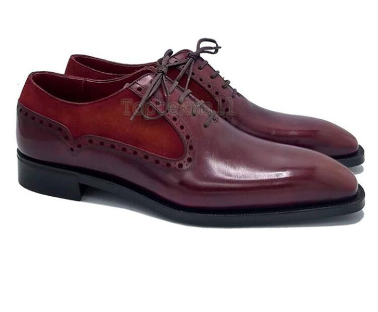 Pre-owned Handmade Men's Leather Oxfords Brogue Stylish Wing Tip Burgundy Dress Shoes-262 In Red