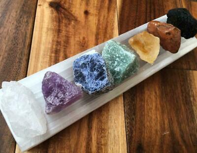Large Chakra Stones Set: 7 Rough Crystals & Selenite Wand Plate (CHARGED ROCKS)