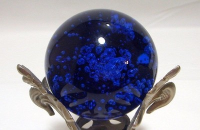 Fluer De Lis Garden Sphere Pewter Stand Blue Glass Ball