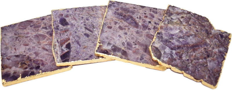 Nature’S Decoration Set of 4 Square Natural Stone Coasters with Gold/Silver Trim for Home Decor - Non Skid Classic Coasters for Bedside Table, Office Table, Bar, and Poolside Amethyst