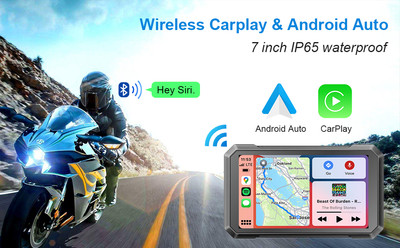 7 Inch Motorcycle Wireless CarPlay Android Auto Dual Bluetooth IPX7 Waterproof