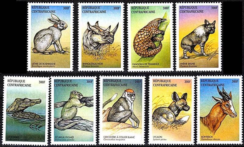 👉 CENTRAL AFRICA 2001 WILD ANIMALS MNH RHINO, DOGS, MONKEY, REPTILES