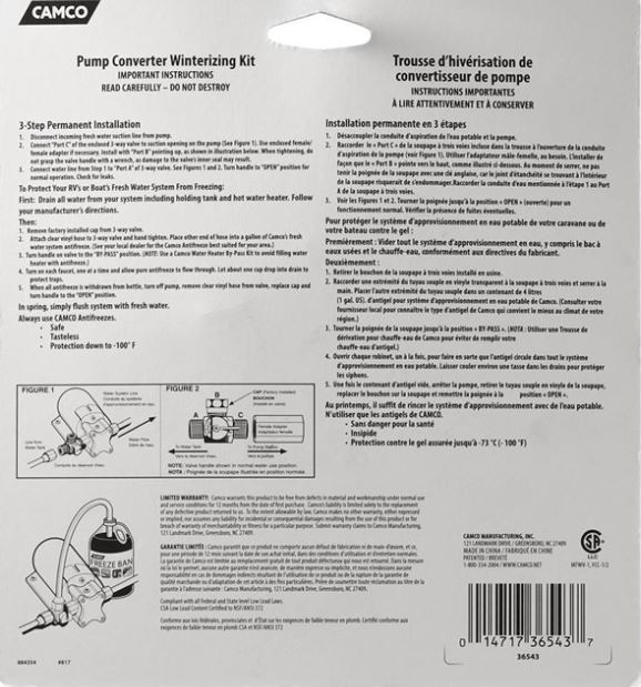 Camco 36543 RV Winterizing Water System Antifreeze Pump Converter Kit Camper RV