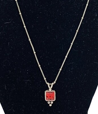 Lia Sophia  Lady In Red  Red Cut Crystal Stone Pendant Silver Tone Necklace